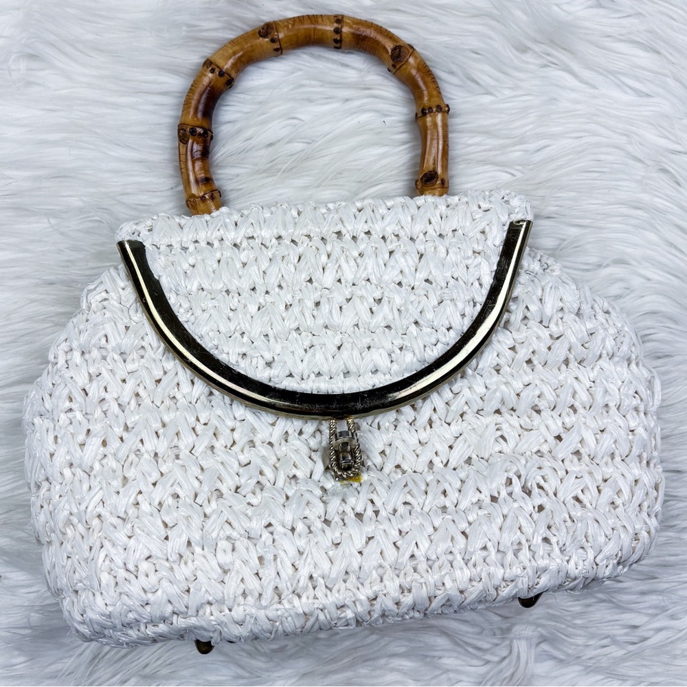 Vintage 60s Straw Woven Bamboo Handle Satchel Purse Bag White Cottagecore Resort - Picture 1 of 10